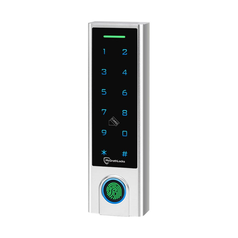 McGrath Locks TGFP43 Slimline Access Control Keypad With Fingerprint, BLE, RFID and Pin Code, 1000 Users, 12V DC, IP66 Rating, Silver Finish