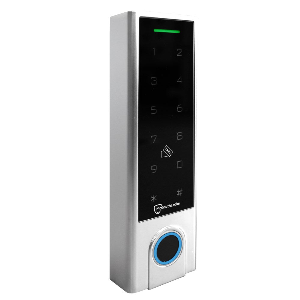 McGrath Locks TGFP43 Slimline Access Control Keypad With Fingerprint, BLE, RFID and Pin Code, 1000 Users, 12V DC, IP66 Rating, Silver Finish